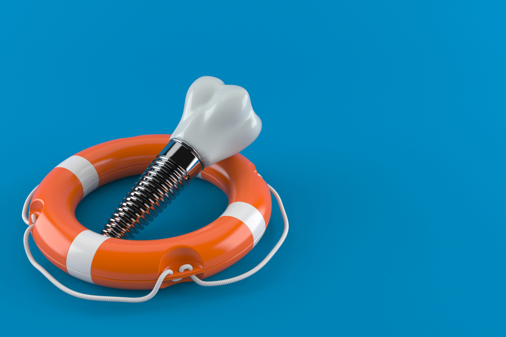 A single dental implant with a blue background in a life preserver ring.